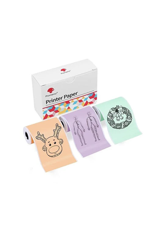 Phomemo 53 mm Sarı/Mavi/Pembe Yapışkansız 5 Yıl Dayanıklı Termal Kağıt (T02/M02X/M832 için) | 3 Rulo